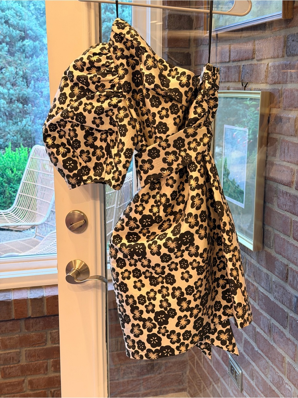 One-Shoulder Black Floral Dress with Puff Sleeve